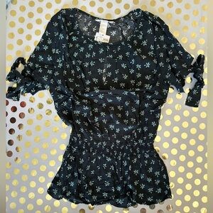 H&M Blue Smocked Peplum Blouse with 3/4 Sleeves